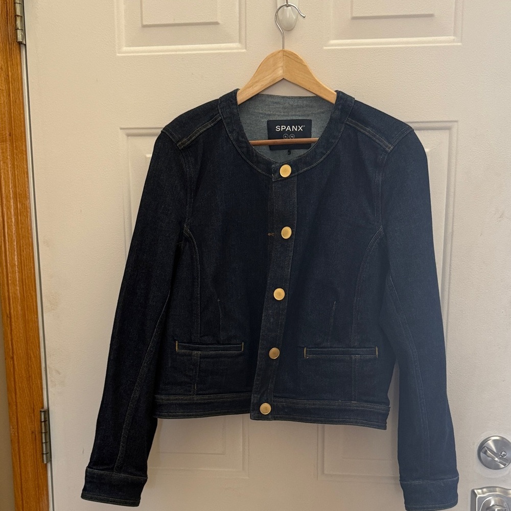 SPANX Dark Denim Jacket with Gold Accents